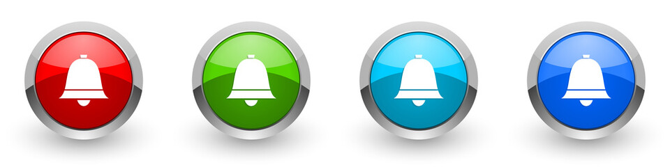 Poster - Bell, ring, alarm silver metallic glossy icons, red, set of modern design buttons for web, internet and mobile applications in four colors options isolated on white background