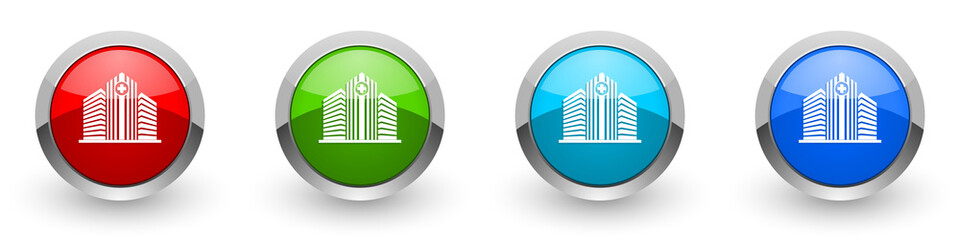 Poster - Hospital building silver metallic glossy icons, red, set of modern design buttons for web, internet and mobile applications in four colors options isolated on white background