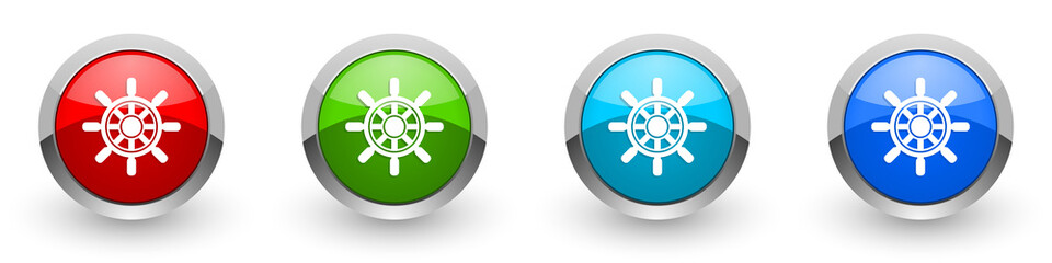Poster - Ship wheel silver metallic glossy icons, red, set of modern design buttons for web, internet and mobile applications in four colors options isolated on white background