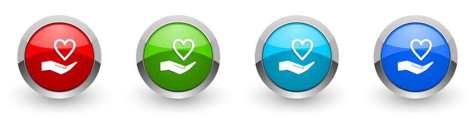 Aufkleber - Care love silver metallic glossy icons, red, set of modern design buttons for web, internet and mobile applications in four colors options isolated on white background