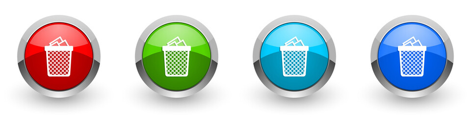 Poster - Trash, can silver metallic glossy icons, red, set of modern design buttons for web, internet and mobile applications in four colors options isolated on white background