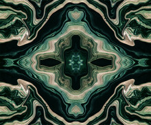 Luxury Marbleized Effect Kaleidoscope. Golden And Dark Green Wave Pattern. Acrylic Fluid Art