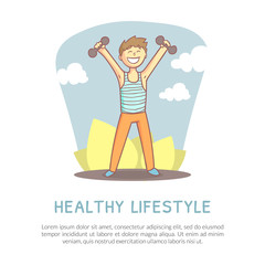 Canvas Print - Healthy Lifestyle Banner with Space for Text, Active Young Man Exercising with Dumbbells, Landing Page, Website Template Cartoon Vector Illustration