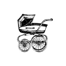 Baby Carriage Vector Illustration On White Background. Sketch Drawing Of Pram.