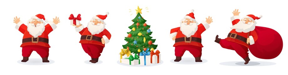 Wall Mural - Cartoon vector illustration of Santa Claus and decorated Christmas tree with presents isolated on white