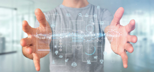 Poster - Businessman holding User interface screens with icon, stats and data 3d rendering