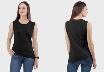 Front back view of female model wearing black sleeveless crew neck plain t shirt