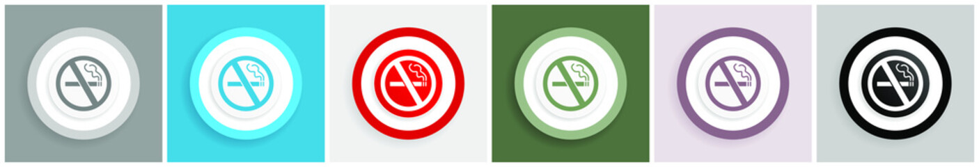 Aufkleber - No smoking icon set, colorful flat design vector illustrations in 6 options for web design and mobile applications