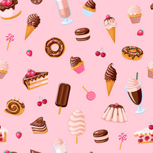 Seamless Pattern Of Sweet Food. Donut, Ice Cream, Muffins, Smoothies, Macaroons And Candies With With Pink, Chocolate, Blue Mint, Lemon And Blueberry Topping.Texture For Fabric, Wrapping, Wallpaper. 