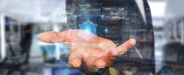 Poster - Businessman using digital technological interface with datas 3D rendering
