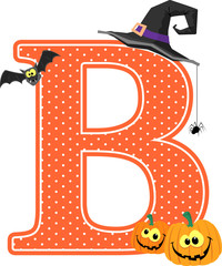 capital letter b with smiling pumpkins and halloween design elements isolated on white background. can be used for halloween season card, nursery decoration  or halloween paty invitation