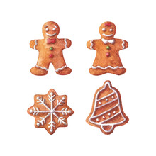 Collection Of Christmas Gingerbreads, Girl, Boy, Snowflake And Jingle Bell. Watercolor Illustration Isolated On White Background. Handdrawn Clipart.