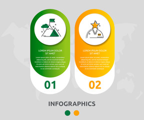 Vector modern infographic flat template pin for two paper label, diagram, graph, presentation. Business concept with 2 options and marks. Blank space for content, step for step, timeline, workflow