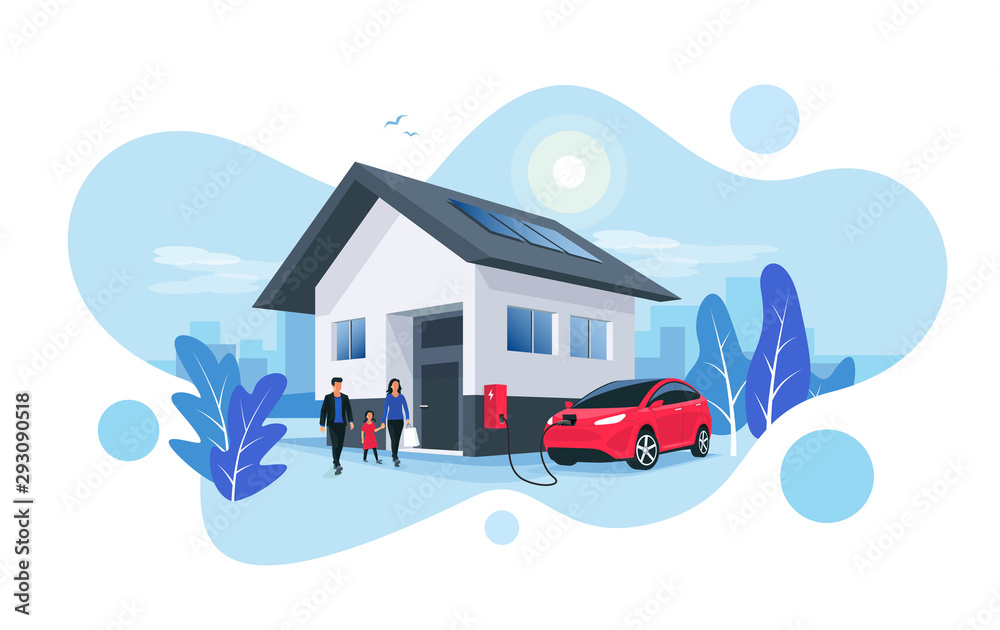 Electric car parking charging at home wall box charger station on house with a family. Renewable energy storage with solar panels and smart city skyline in background. Vector illustration.  - obrazy, fototapety, plakaty 