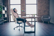 © deagreez - Full length body size photo of resting relaxing girl employed just for work in transnational company wearing formally heels shoes sitting at desktop