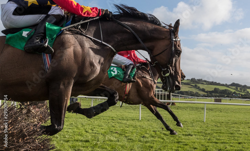Fotografía Close-up on Race horses and jockeys jumping over a hurdle
