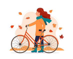 Wall Mural - Woman with a bike in autumn. Vector illustration in flat style