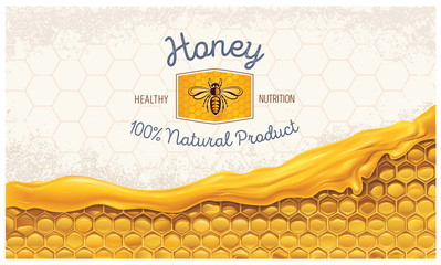 honey combs with honey, and a symbolic simplified image of a bee as a design element on a textural b