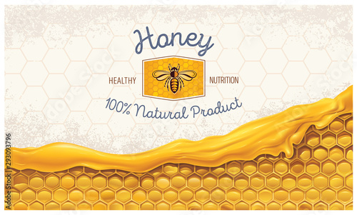 Fotomural Honey combs with honey, and a symbolic simplified image of a bee as a design element on a textural background