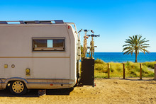 Camper With Bicycles On Beach, Camping On Sea