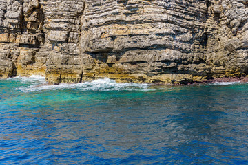 seashore, rocks washed by water and vegetation on them