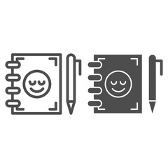 Poster - Notebook and pen line and glyph icon. Notepad with smiley vector illustration isolated on white. Study outline style design, designed for web and app. Eps 10.