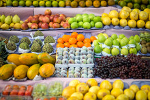 Tropical Fruits Neatly Arranged On A Stall  At The Weekly Farmer's Market In General Osorio Plaza In Ipanema, Rio De Janeiro, Brazil