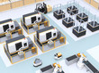 Mobile robots, dual-arm robots, assembly robot cells and CNC machines in smart factory. 3D rendering image.