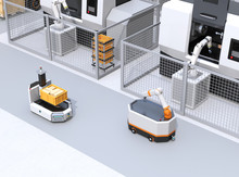 Mobile Robots Passing CNC Robot Cells In Factory. Smart Factory Concept. 3D Rendering Image.