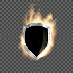 Metal heraldic shield burns with transparent flame