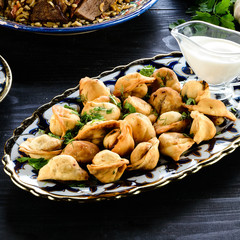 Sticker - Oriental Fried duchansky chuchvara Dumplings with Minced Meat also known as Gyoza. Close Up. Hot Crunchy Deep-Fried Beef and Mutton Pelmeni