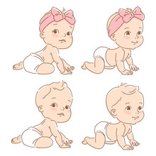 Set With Little Baby Boy And Girl In Diaper, Sit, Crawl.