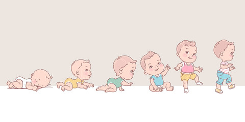 Wall Mural - baby boy in clothes. set of child health and development icons in line.