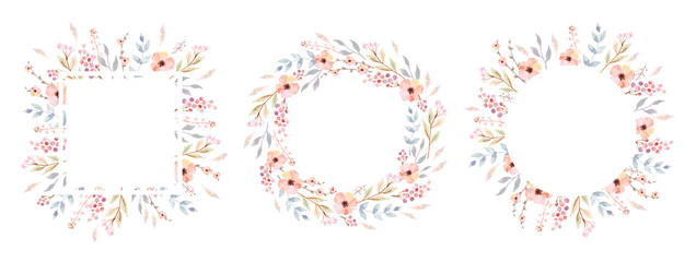 Floral Frame Collection. Set of cute watercolor retro flowers.