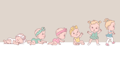 baby girl in clothes. set of child health and development icons in line.