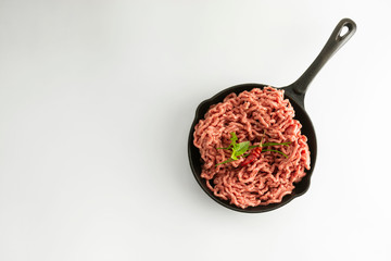 Minced beef red uncooked meat cooking ingredient hambruger steak white background copy space