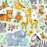 Fototapeta Fototapety na ścianę do pokoju dziecięcego - seamless pattern with cute animals mother and baby on green background - vector illustration, eps    