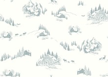 Christmas Seamless Pattern With Drawing Winter Landscape, Houses, Chalets And Animals. Vector Winter Illustration In Vintage Style On Ivory Background.