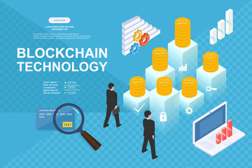 Wall Mural - Cryptocurrency and blockchain isometric composition with people, analysts and managers working on crypto start up. Isometric vector illustration