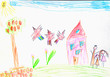 © zwiebackesser - The world through the eyes of a child. Child's drawing of a family. Happy childhood concept.