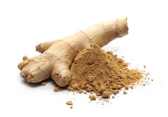 Ginger root and powder isolated on white background, top view