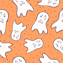 Halloween Pattern. Vector Seamless Background With Cute Spooky Ghosts, White Silhouettes Scattered On Orange Backdrop. Funny Scary Design For Kids, Boys And Girls, Decor. Simple Cartoon Graphics