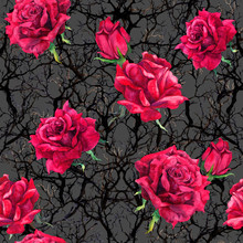 Rose Flowers, Branches. Seamless Gothic Pattern At Dark Background. Watercolor