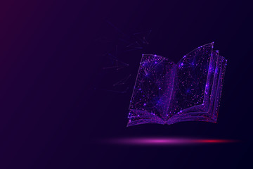 Leinwandbilder - Open book low poly vector illustration. 3d encyclopedia. Polygonal textbook, dictionary. Education, information, knowledge metaphor mesh art with connected dots. Reading hobby concept ..
