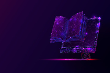 Leinwandbilder - PC screen and book low poly vector illustration. 3d open textbook. Polygonal computer display mesh art with connected dots. Online library concept. Distance learning, e-learning metaphor