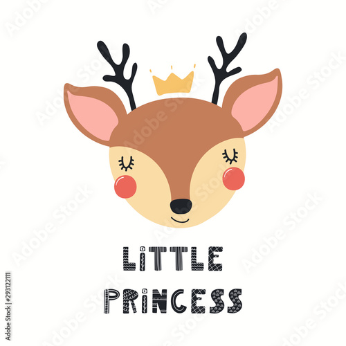 Hand drawn vector illustration of a cute funny deer face in a crown, with let...