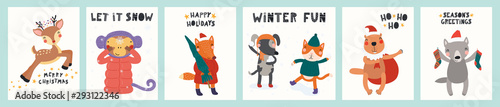 Collection of greeting cards with cute animals doing winter, Christmas activi...
