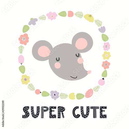 Hand drawn vector illustration of a funny mouse, with flower frame in pastel ...