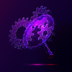 Poster - Cogwheels and magnifier low poly vector illustration. 3d gears on dark violet background. Polygonal magnifying glass mesh art with connected dots. Searching for solution, engineering idea metaphor