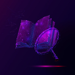 Leinwandbilder - Book and magnifier low poly vector illustration. 3d magnifying glass near open encyclopedia. Polygonal textbook mesh art with connected dots. Information search, scientific research metaphor